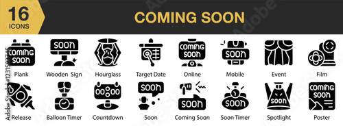 Coming Soon solid icon set. Includes announcement, marketing, new, coming, coming soon, and More. Solid icons vector collection.