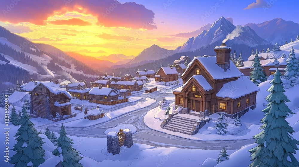 Fototapeta premium Idyllic snow-covered village nestled in a majestic mountain valley at sunset