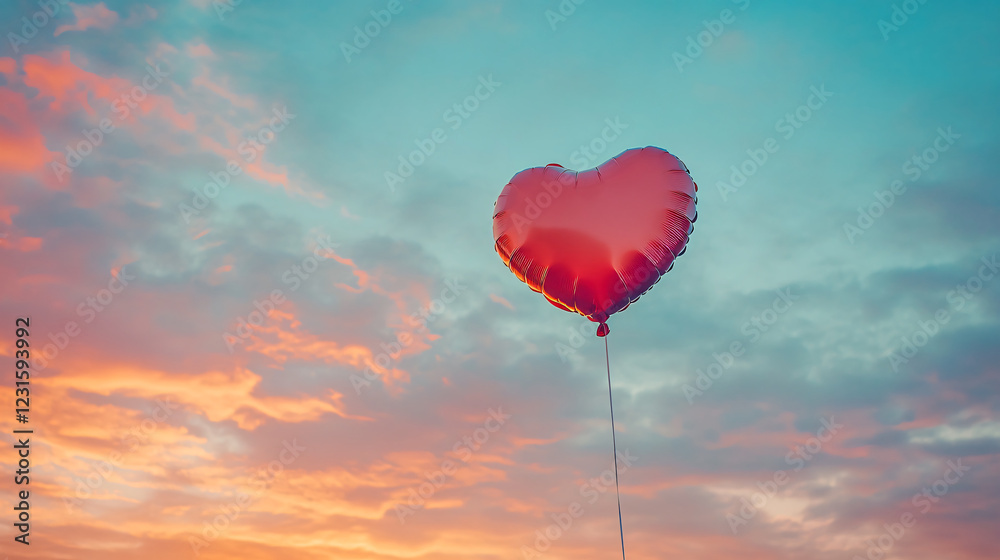 Obraz premium A heart-shaped balloon floating against a beautiful sunset sky.
