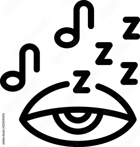 Closed eye with music notes and zzz icons representing peaceful sleep, relaxation, and dreams