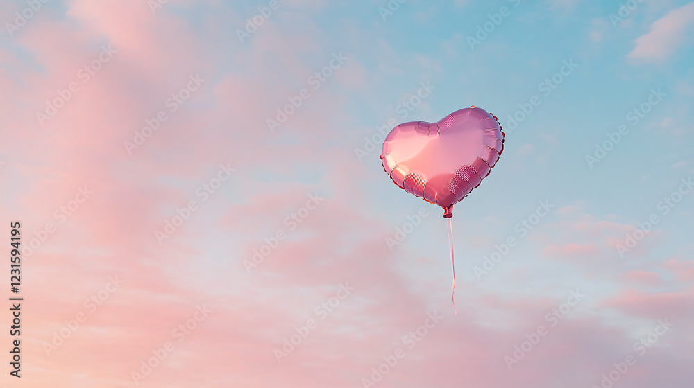 Obraz premium A floating heart-shaped balloon against a pastel sky at sunset, symbolizing love and joy.