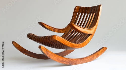 A wooden rocking chair with a traditional design, made entirely from polished wood, featuring curved wooden slats 