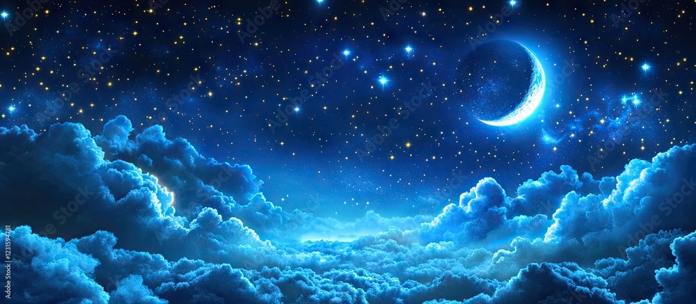 Starry night sky with a crescent moon glows over soft, fluffy clouds in shades of blue, creating a serene celestial landscape. Starry night sky with a crescent moon glows over soft, fluffy clouds in shades of blue, creating a serene celestial landscape.