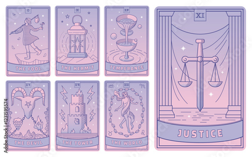 A beautiful set of tarot card vectors in pink and purple. Line style illustration in navy. The Pool, Hermit, Justice, Temperance, Tower, World, Devil.75_22_타로카드_3