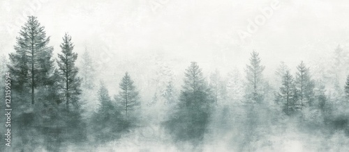 Wallpaper Mural Misty forest landscape with layered dark green pine trees emerging from soft gray fog against a pale white background creating a serene atmosphere Torontodigital.ca