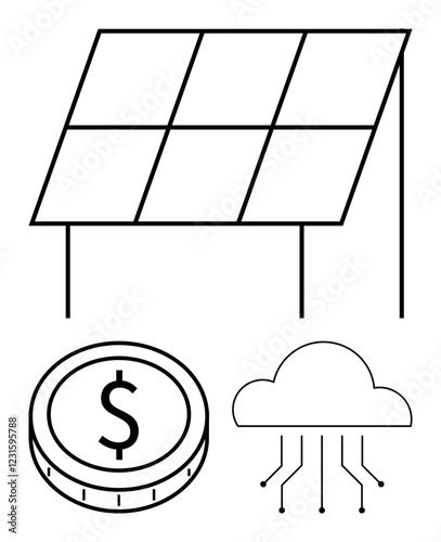 Solar panel with a dollar coin symbolizing cost-efficiency, and connected cloud denoting smart energy management. Ideal for sustainability, green energy, tech innovation, cost-saving, renewable