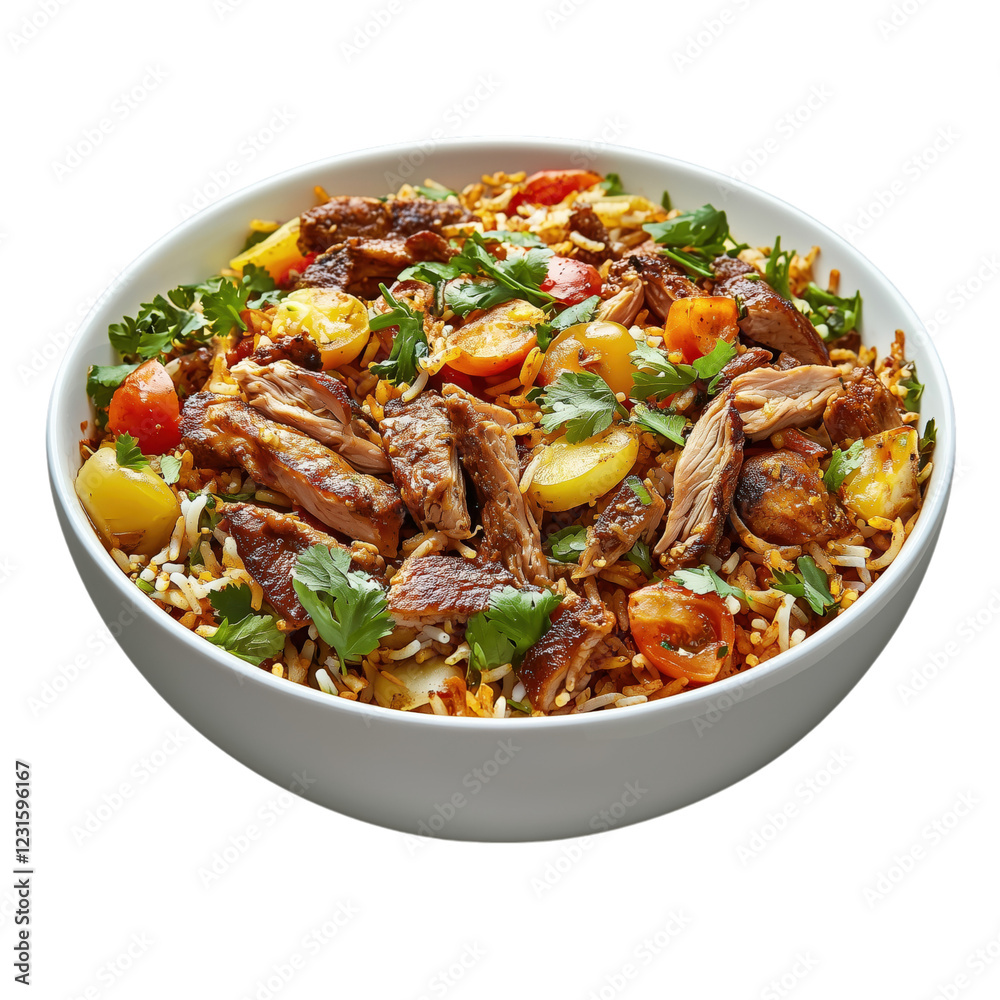 A delicious bowl of beef and chicken biryani, garnished with fresh herbs, tomatoes, and peas, isolated on a transparent background. A delicious bowl of beef and chicken biryani, garnished with fresh herbs, tomatoes, and peas, isolated on a transparent background.