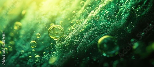 Underwater scene featuring vibrant green hues with bubbles ascending against a textured dark background creating a serene and dynamic atmosphere.