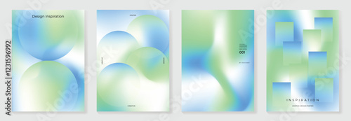 Modern gradient poster background vector set. Minimalist cover template with green and blue perspective geometric prism shapes in motion. Ideal design for social media, banner, spring season card.