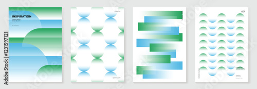 Modern gradient poster background vector set. Minimalist cover template with green and blue perspective geometric prism shapes in motion. Ideal design for social media, banner, spring season card. photo