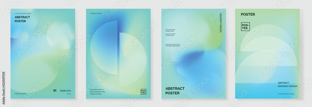 Modern gradient poster background vector set. Minimalist cover template with green and blue perspective geometric prism shapes in motion. Ideal design for social media, banner, spring season card.