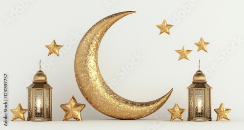 3D rendering of a white background with a golden crescent moon, lantern, and star decorations. Ramadan Kareem concept banner mockup design. 