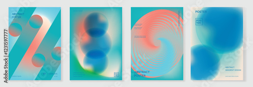 Modern gradient poster background vector set. Minimalist cover template with green and blue perspective geometric prism shapes in motion. Ideal design for social media, banner, spring season card.