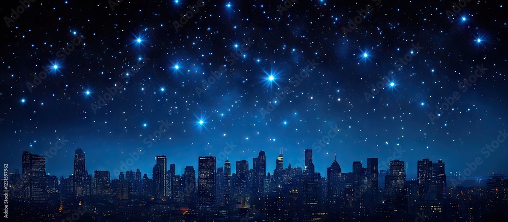 Night city skyline silhouette against a dark blue night sky filled with bright shining stars creating a serene celestial atmosphere Night city skyline silhouette against a dark blue night sky filled with bright shining stars creating a serene celestial atmosphere