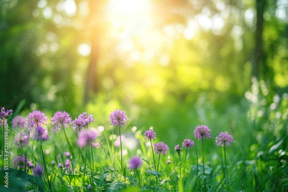 Fototapeta premium Sunlit meadow wildflowers, vibrant green forest background; spring nature scene for website or calendar