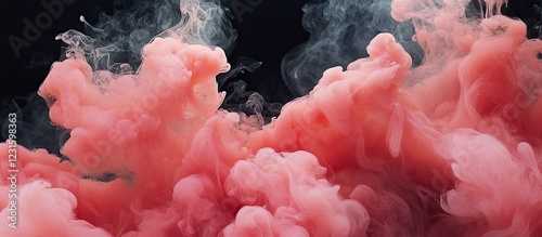 Vibrant coral smoke clouds in dynamic motion swirl gracefully against a dramatic black background creating a striking visual contrast. photo