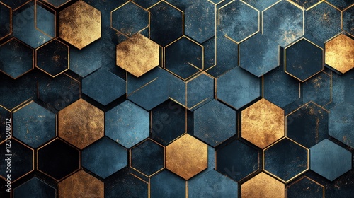 Abstract Blue Gold Hexagon Wall Texture photo