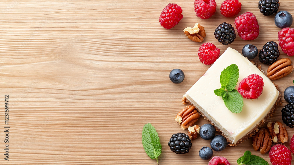 Creamy Cheesecake with Fresh Berries and Pecans on Rustic Wooden Surface Creamy Cheesecake with Fresh Berries and Pecans on Rustic Wooden Surface