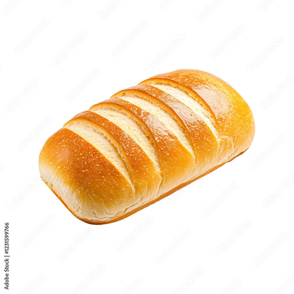 A fresh loaf of white bread showing its golden crust and soft interior, isolated on white transparent background. A fresh loaf of white bread showing its golden crust and soft interior, isolated on white transparent background.