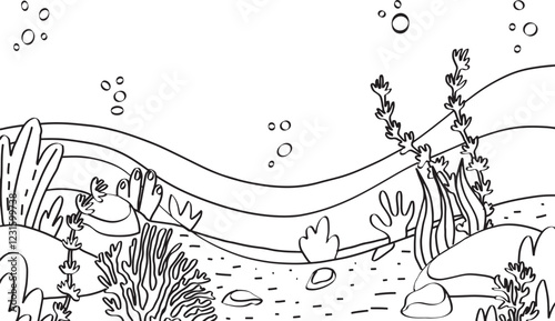 Hand drawn undersea background. Black and white line art drawing of coral reef with seaweed. Outline illustration of underwater beach