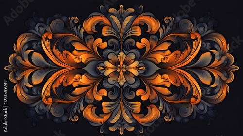 Ornate Floral Design: A symmetrical pattern of stylized flowers and leaves in shades of orange, yellow, and gray on a deep black background.