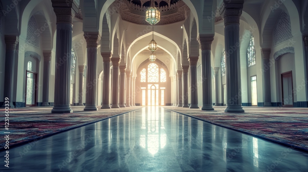 Fototapeta premium a mosque hallway with pillars. copy space photo of Islamic architecture