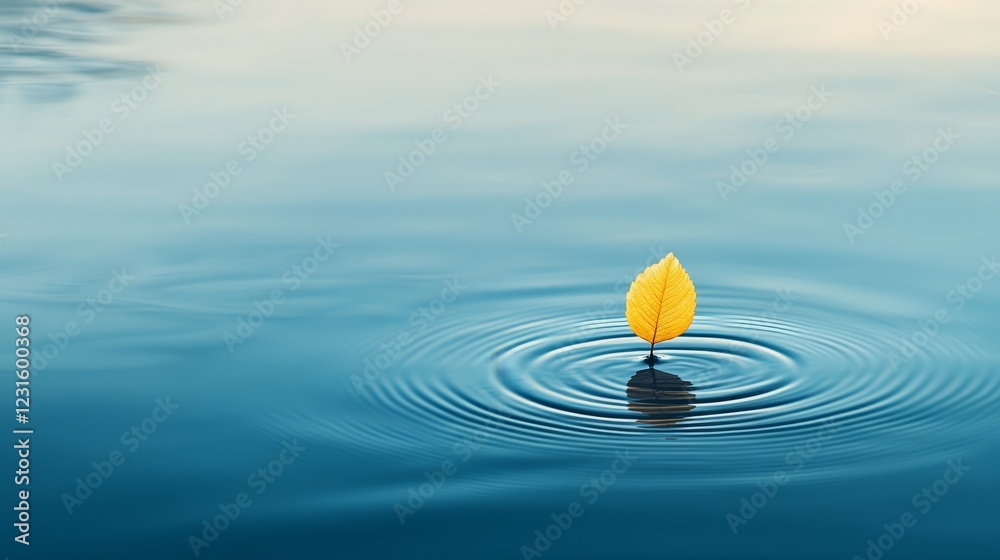 Tranquil nature scene, single leaf floating on rippling water, creating a serene and peaceful atmosphere