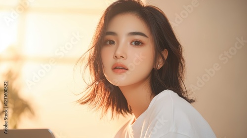 A serene portrait of a young woman with soft features, gazing thoughtfully, illuminated by warm sunlight in a cozy setting.