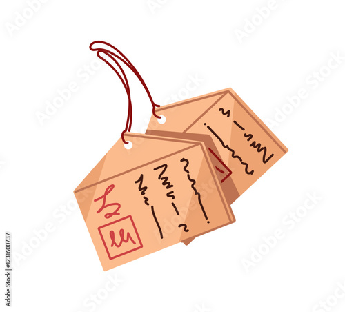 Ema, wooden tablets in Shinto shrine. Votive talisman, asian amulet for good luck and fortune success. Japanese wood cards with wishes, prays. Flat isolated vector illustration on white background