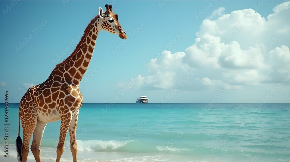 Obraz premium Giraffe on Tropical Beach Paradise Stunning Ocean View Exotic Wildlife Safari Animal Photography Nature Wallpaper