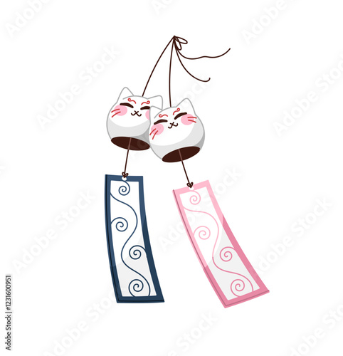 Icon of traditional Japanese wind chimes or bells with paper and shape of cat. Cute Japponese accessory, asian attribute, souvenir from Japan. Flat isolated vector illustration on white background