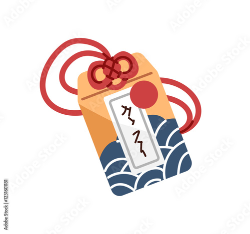 Japanese talisman with red knot for fortune. Omamori with pray for success. Traditional Asian amulet for good luck. Charm card in Japan culture. Flat isolated vector illustration on white background