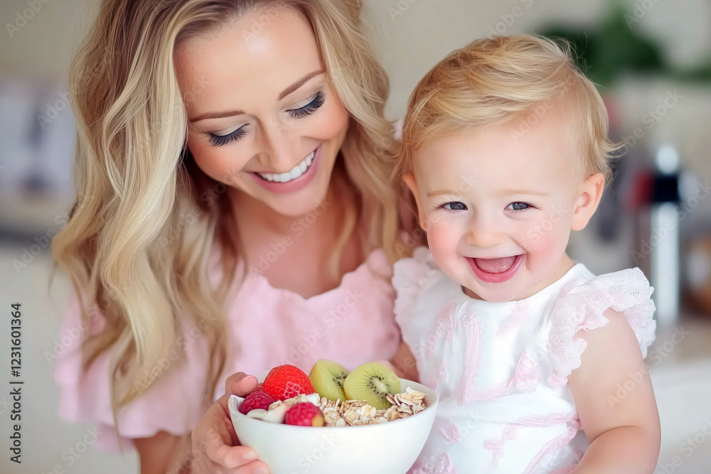 Mother and daughter eating cereals in the kitchen. Healthy food concept Mother and daughter eating cereals in the kitchen. Healthy food concept