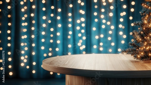 A festive scene featuring a wooden table, a decorated Christmas tree, and shimmering lights against a blue backdrop.