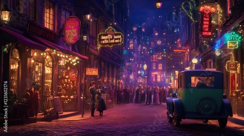 A Romantic Nighttime Stroll Through A Vibrant City Street