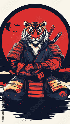 Tiger Samurai Warrior with Red Moon Vector Art for T-Shirts and Stickers