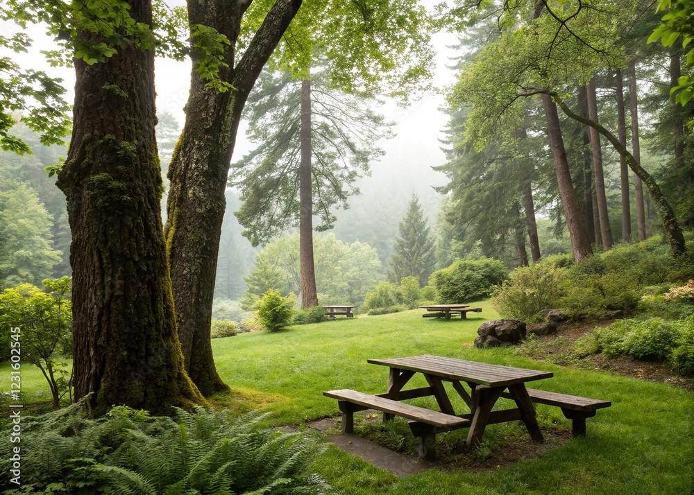 Picnic Tables in a Tranquil Park Picnic Tables in a Tranquil Park