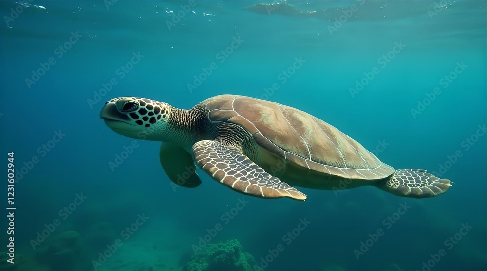 Obraz premium Stunning Underwater Photo of a Green Sea Turtle Swimming Gracefully in Crystal Clear Ocean Water