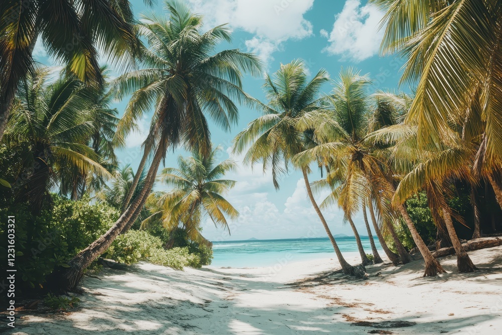 Tropical beach path, palm trees, ocean view, sunny day, travel brochure Tropical beach path, palm trees, ocean view, sunny day, travel brochure