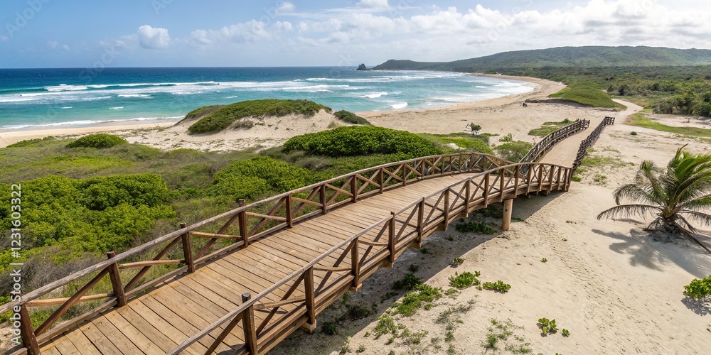 Fototapeta premium Puerto Rico Isabela West Coast Wooden Bridge Sand Beach Ocean Landscape
