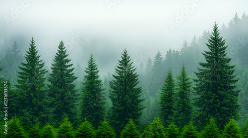 Misty mountain forest, evergreen trees, scenic landscape, nature background, travel poster