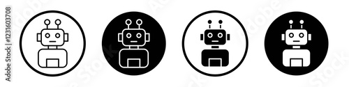 Robot assistant icon collection in black and white filled and outlined style for web.