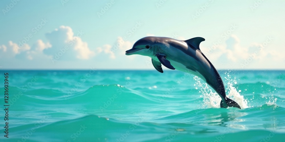 Obraz premium A playful dolphin leaps from the turquoise ocean waves, a majestic spectacle of nature's beauty under a bright, sunny sky