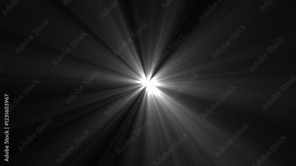 Centered white light rays on black and  background. Heaven light animation from center. Dynamic light rays footage.