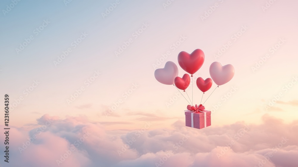 Fototapeta premium A Box flying on a parachute with pink cloud in valentine day,package flying down from sky and cloud with parachute, concept for delivery service,shopping online,air delivery service.