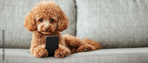 A cute brown poodle lies on a couch, curiously looking at a black smartphone, blending modern tech with pet companionship.
