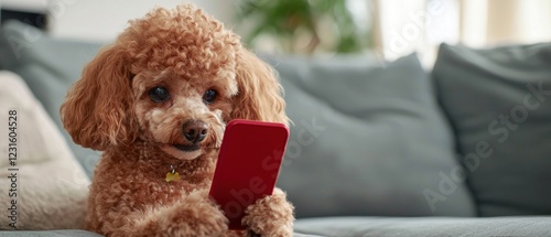 A cute poodle dog curiously looks at a red smartphone while sitting on a couch in a cozy living room.