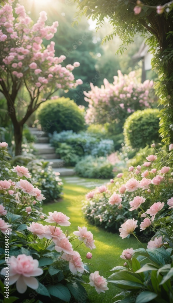 Dreamy garden with soft pink flowers and lush foliage Dreamy garden with soft pink flowers and lush foliage