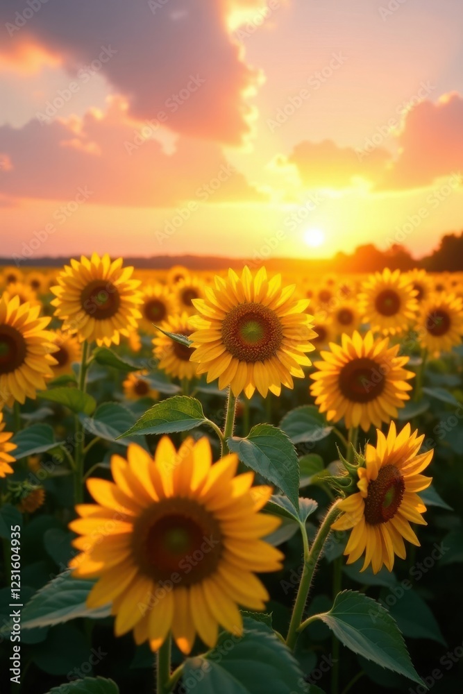 Obraz premium Golden Hour Sunflowers A Field of Yellow Blossoms Bathed in Warm Sunset Light