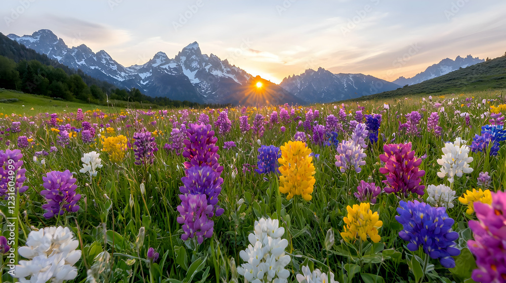 Obraz premium Sunset over wildflowers and snow-capped mountains